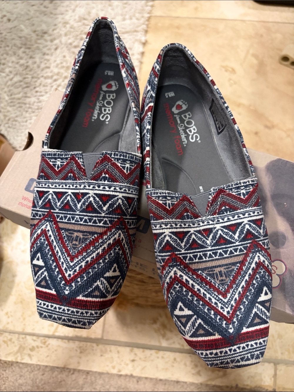 Skechers BOBS Red, Navy & White Geometric Slip-On Flats